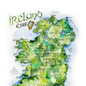 Ireland Map Watercolor Illustration Country of Ireland Irish County Dublin Northern Ireland Irish Éire Map Wall Art Print Poster