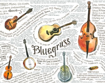 Bluegrass Illustration Artwork Instruments Banjo Bass Mandolin Steel Guitar Fiddle Harmonica Americana Music Gift Folk Art Print Wall Art