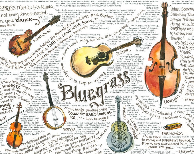 Bluegrass Illustration Artwork Instruments Banjo Bass Mandolin Steel Guitar Fiddle Harmonica Americana Music Gift Folk Art Print Wall Art