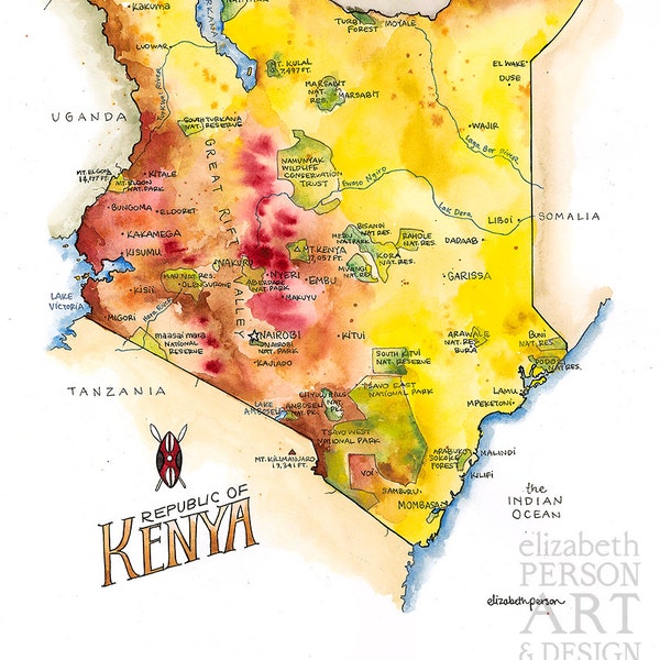 Kenya Map Watercolor Illustration African Map Art Nairobi Mombasa Kenya Watercolor Map Safari Maasai Flag Kenya Poster