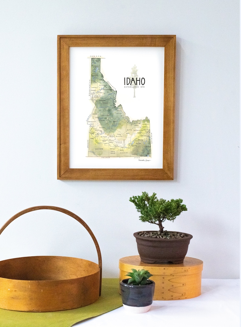 Mapa del estado de Idaho Acuarela Ilustración ID Mapa Boise Sandpoint Mapa Pared Arte Impresión Rockies Regalo imagen 1