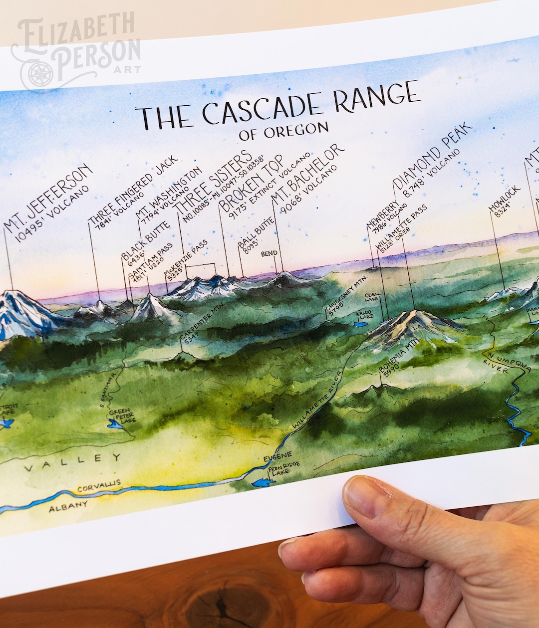 オレゴン州カスケード山脈の水彩画イラスト、クレーター湖、マウント