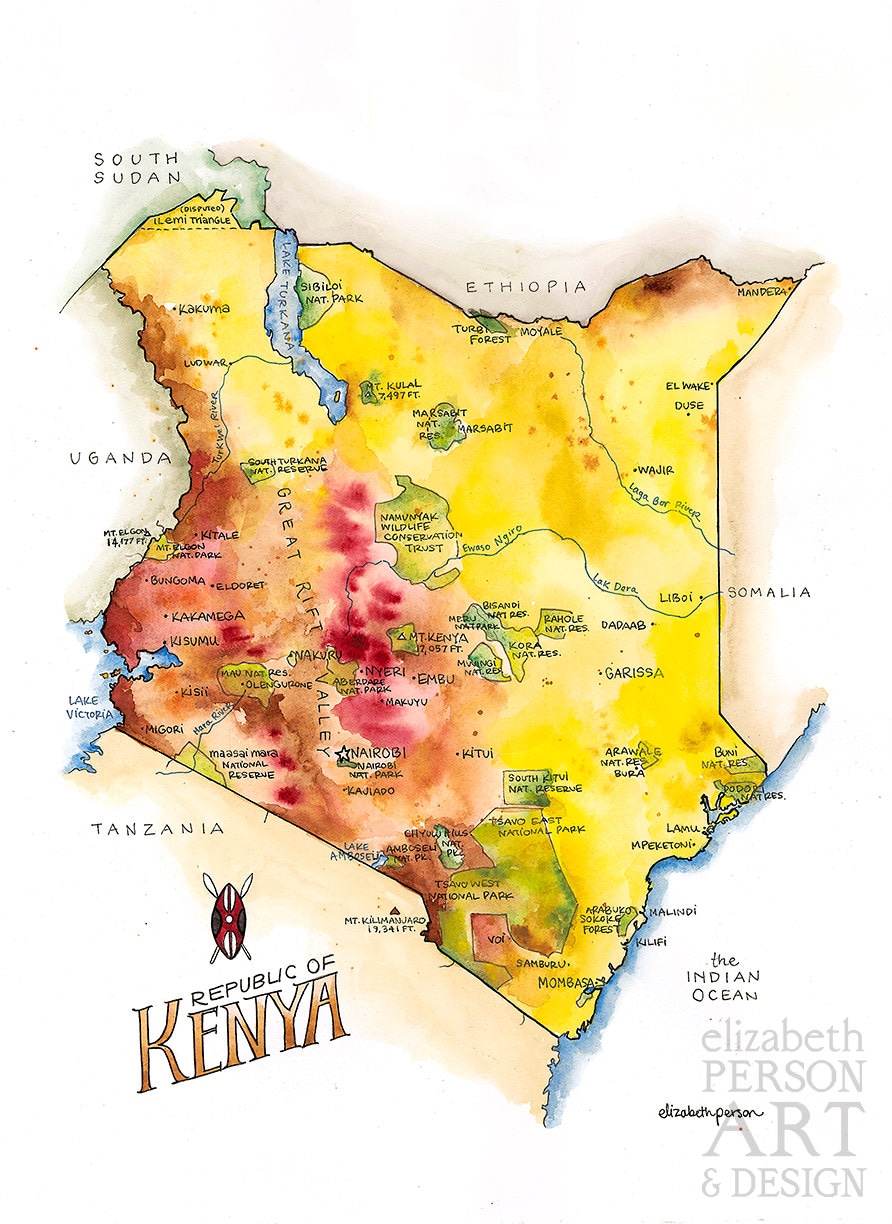 Kenya Map Watercolor Illustration African Map Art Nairobi Etsy
