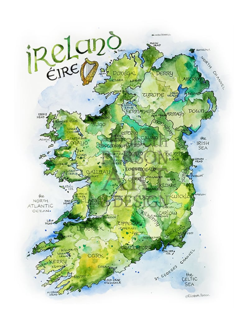 Ireland Map Watercolor Illustration Country of Ireland Irish County Dublin Northern Ireland Irish Éire Map Wall Art Print Poster image 1