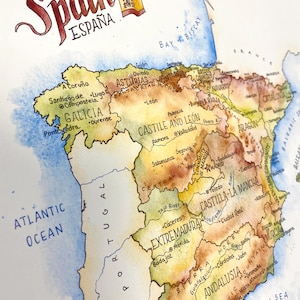 May include: A watercolour map of Spain with the regions labelled in English. The map is painted in shades of brown, green, yellow, and blue. The map includes the names of the regions, major cities, and rivers.
