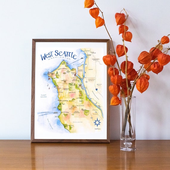 西シアトル地図 水彩画イラスト ピュージェット湾シアトル近隣地図