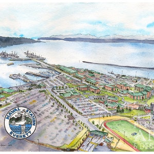 May include: A watercolor painting of Naval Station Everett, Washington. The painting shows the base from an aerial view, with the Puget Sound in the background. The base is surrounded by buildings, parking lots, and a football field. The painting is signed by the artist, Elizabeth Forbes, and dated 2008.