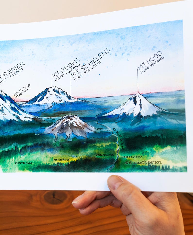 Washington Kaskaden Aquarell Illustration Kaskadenkette Berge Baker Glitter Hood St Helens WA Bergwandkunst Bild 4