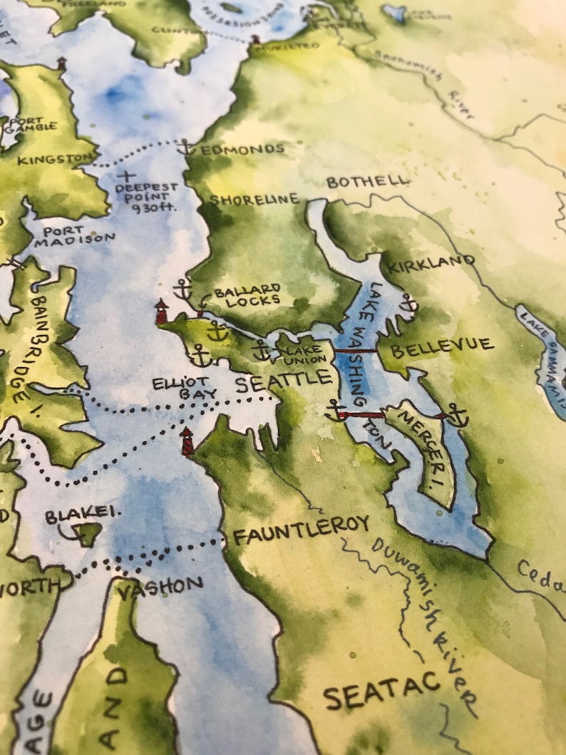 Puget Sound Map Watercolor Illustration Puget Sound Nautical - Etsy