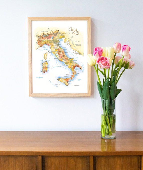 Italy Map Watercolor Illustration Venice Milan Naples Tuscany Rome