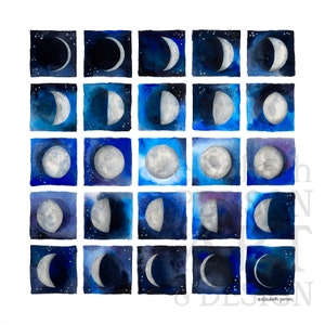 May include: A watercolor painting of the phases of the moon. The moon is depicted in various stages of its cycle, from a sliver of a crescent to a full moon. The background is a deep blue with white stars.