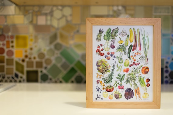 果物と野菜の水彩イラスト、庭の野菜、キッチンの壁アート、レインボー