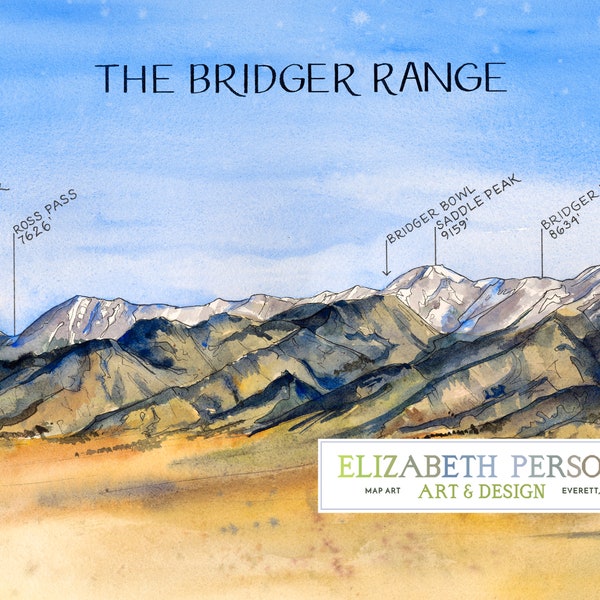 Bridger Range Watercolor Illustration Montana Mountain Belgrade Bozeman Baldy Bangtail Art Print