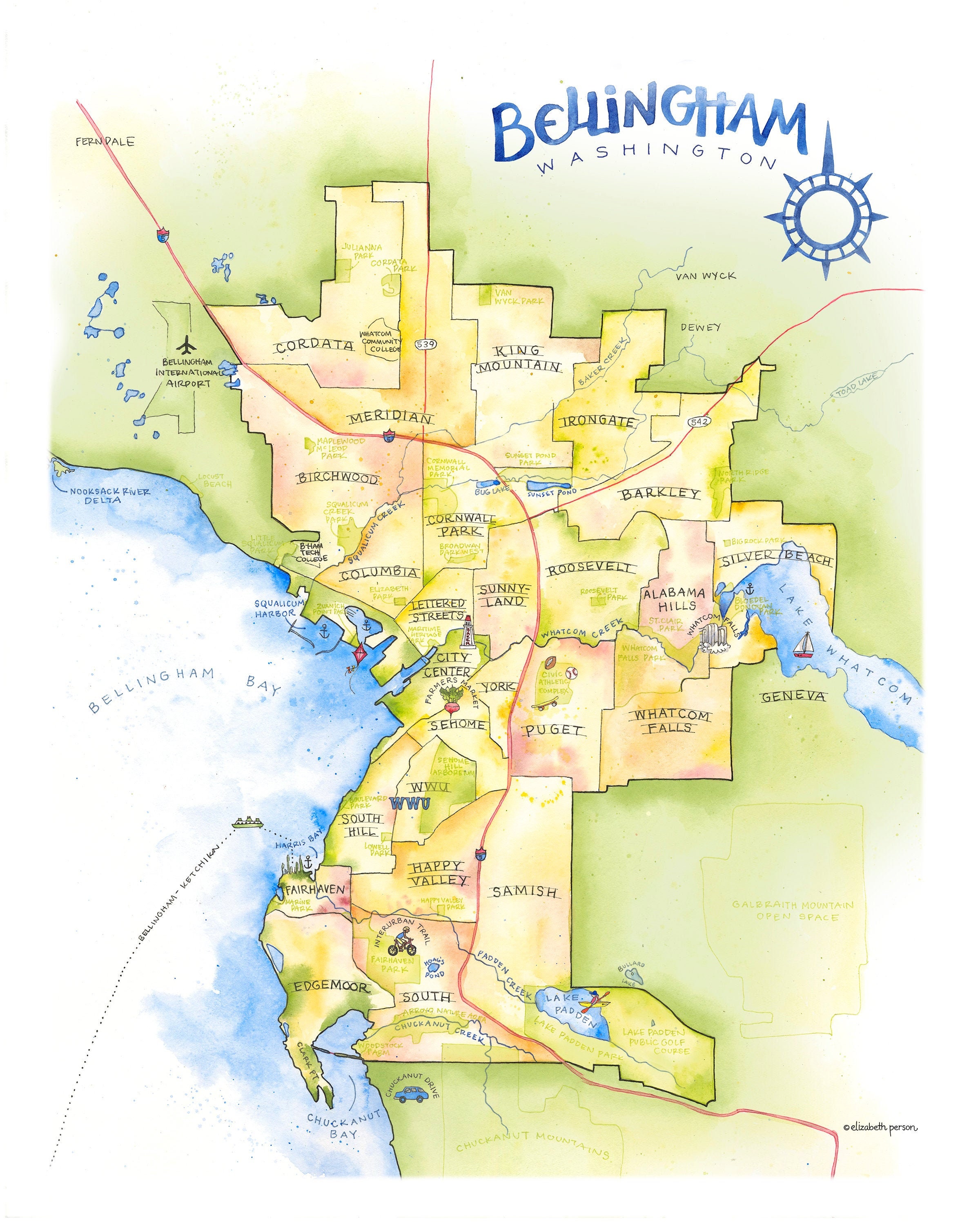 Map Of Bellingham Wa Bellingham Map Watercolor Illustration Puget Sound | Etsy