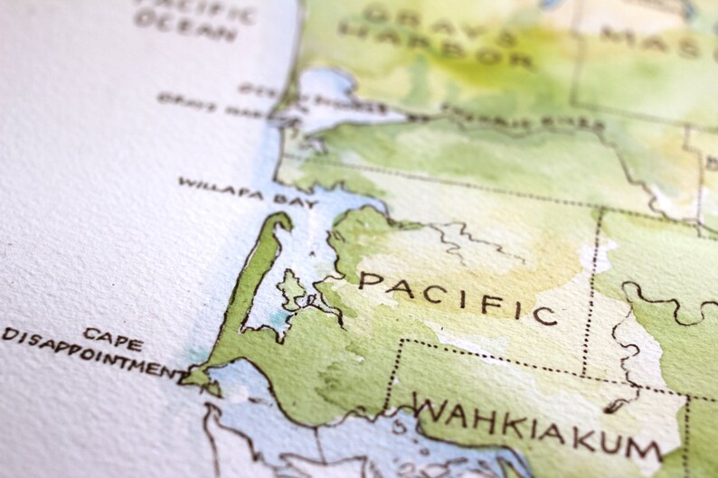 May include: A watercolor map of the Pacific Northwest region of the United States, showing the coastline of Washington state. The map features the Willapa Bay, Cape Disappointment, and the Wahkiakum County. The map is painted in shades of green, blue, and brown.