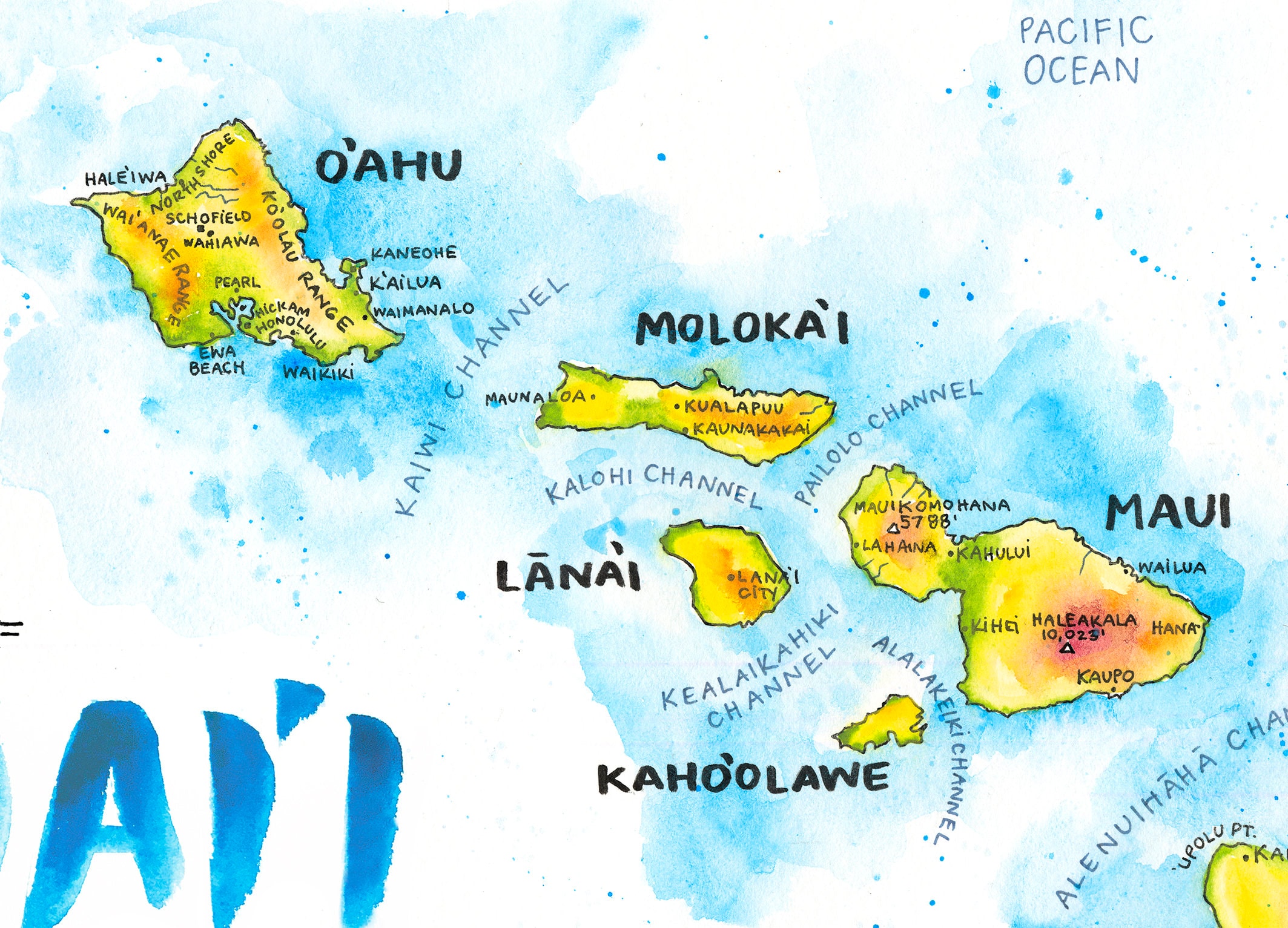 ハワイ地図 水彩イラスト HI ハワイ諸島 ハワイ地図アート
