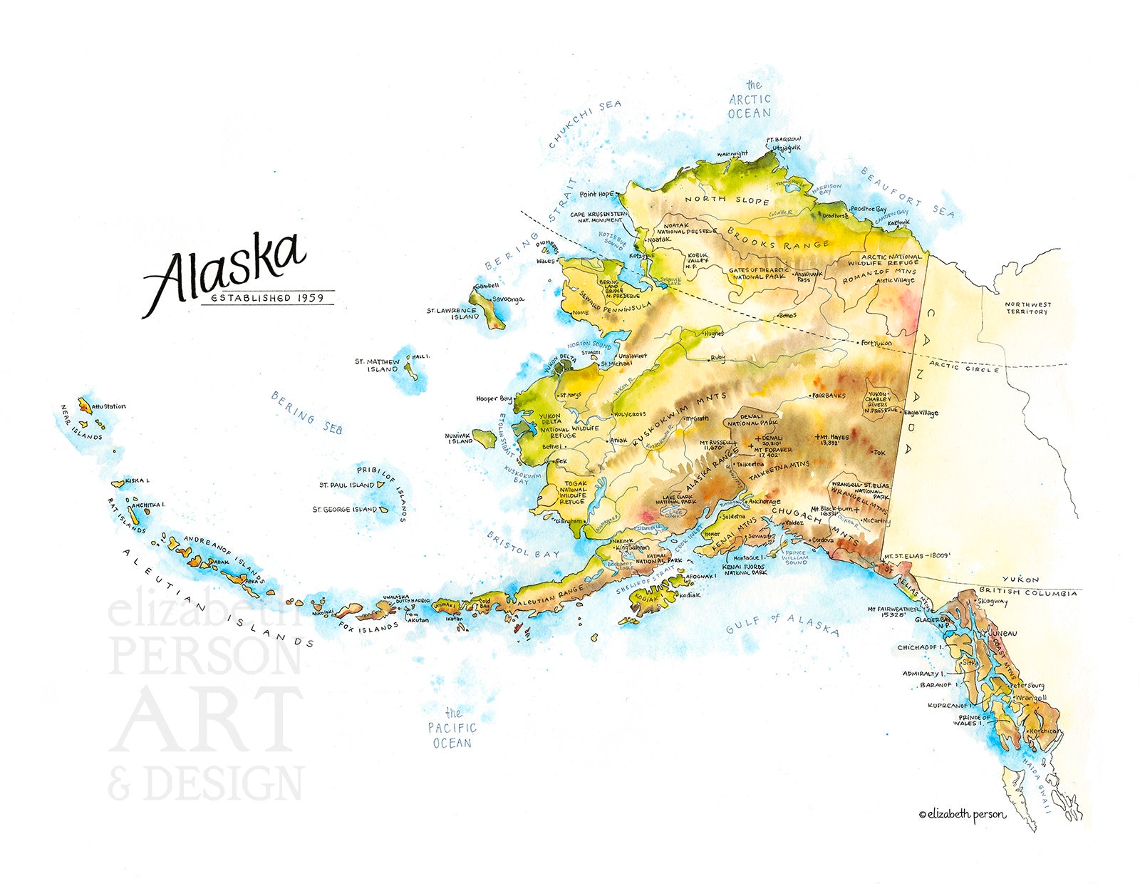 Alaska Map Watercolor Illustration State of Alaska Anchorage photo