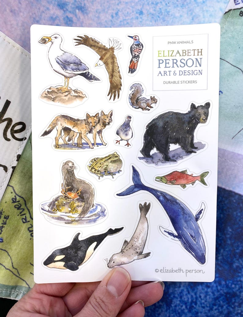 May include: A sheet of durable stickers featuring watercolor illustrations of Pacific Northwest animals. Includes a seagull, eagle, woodpecker, squirrel, wolves, bear, otter, frog, salmon, orca, seal, and whale. The text "PNW ANIMALS" and "ELIZABETH PERSON ART & DESIGN" are visible.