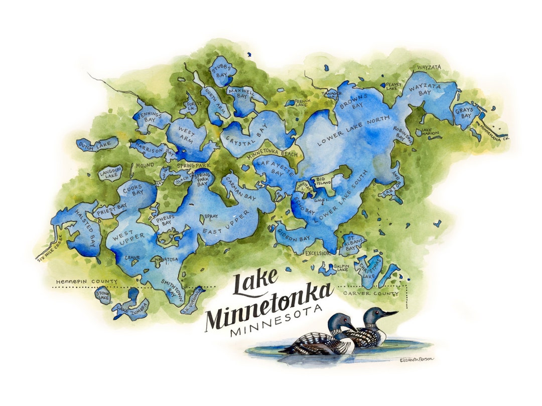 Lake Map Watercolor Illustration Minnesotan Wall Art