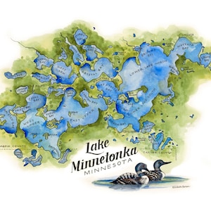 Lake Minnetonka Map Watercolor Illustration Minnesotan Wall Art Minnetonka Lake Map Minnetonka MN Cabin Art Gift Lake Minnetonka Wall Art