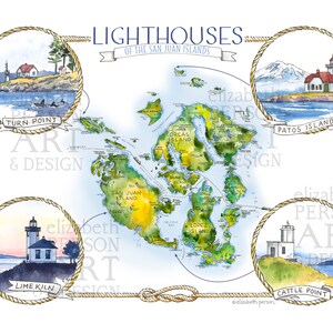 Leuchttürme der San-Juan-Inseln Aquarell Kalkofen San Juan Wendepunkt Patos Cattle Point Stuart Island Salish Sea Wall Art Print