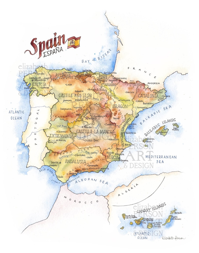 May include: A watercolour map of Spain with the regions and major cities labelled. The map is in shades of brown, yellow, green, and blue. The map includes the Canary Islands and the Balearic Islands.