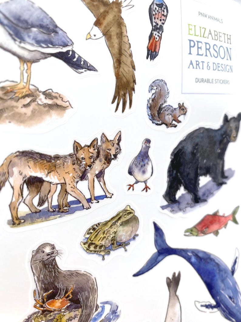 May include: A collection of watercolor stickers featuring various animals, including a bald eagle, squirrel, bear, and whale. The stickers are designed by Elizabeth Person Art & Design and are labeled as durable.