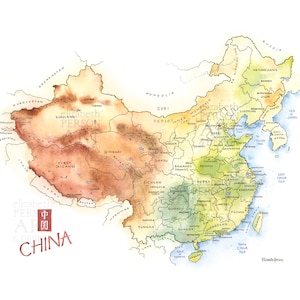 Impression d'art de carte aquarelle de Chine, y compris carte d'art de Shanghai, Pékin, Guangzhou, Chengdu, Chongqing, Shenzhen, cadeau de voyage, cadeau de voyage