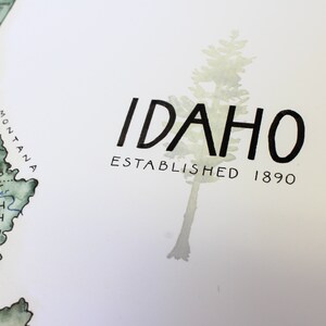 Mapa del estado de Idaho Acuarela Ilustración ID Mapa Boise Sandpoint Mapa Pared Arte Impresión Rockies Regalo imagen 4