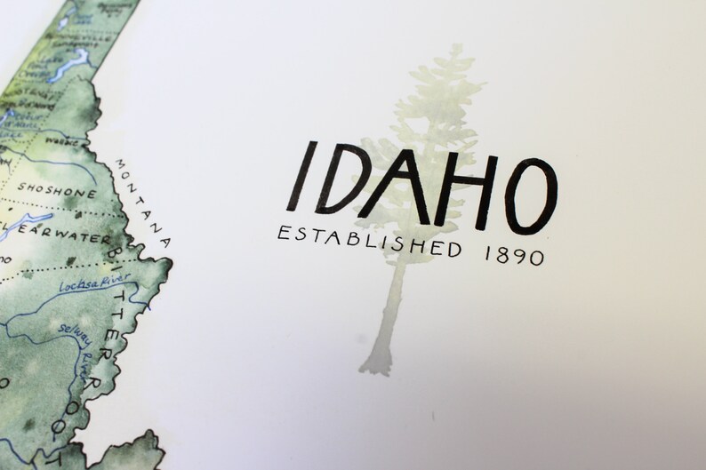 Mapa del estado de Idaho Acuarela Ilustración ID Mapa Boise Sandpoint Mapa Pared Arte Impresión Rockies Regalo imagen 4