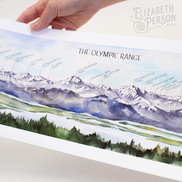 Ilustración de acuarela de la Cordillera Olímpica, Montañas de la Península, Carta del Olimpo, Impresión artística de pared de las Montañas de Washington