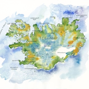 Illustration aquarelle de carte de l'Islande Illustration de la carte de l'Islande Reykjavik Art du voyage Art mural de l'Islande, cadeau de voyage, impression d'affiche de carte