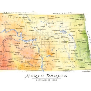 North Dakota State Map Watercolor Illustration ND Map Wall Art Print Gift