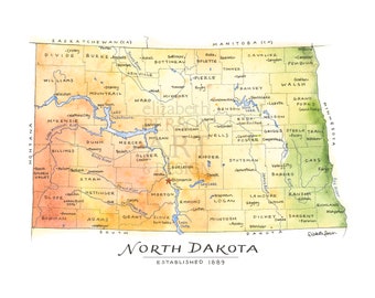 North Dakota State Map Watercolor Illustration ND Map Wall Art Print Gift