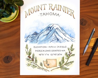 Mount Rainier Mountain Watercolor Illustration Wall Art Map Print Painting