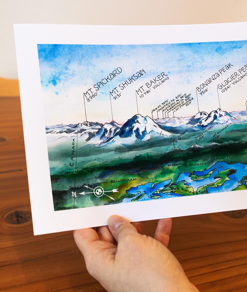 Washington Kaskaden Aquarell Illustration Kaskadenkette Berge Baker Glitter Hood St Helens WA Bergwandkunst Bild 3
