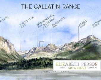 Gallatin Range Watercolor Illustration Montana Mountain Belgrade Bozeman Yellowstone Hyalite Palace Butte Alex Lowe Peak Art Print