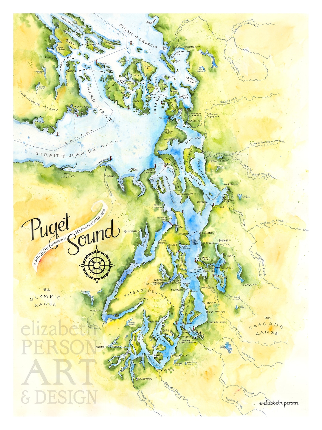 Puget Sound Map Watercolor Illustration Puget Sound Nautical Map Kitsap 
