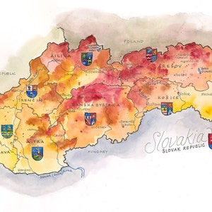 Slovakia Map Illustration Slovakian Watercolor Bratislava Map Wall Art Poster Print