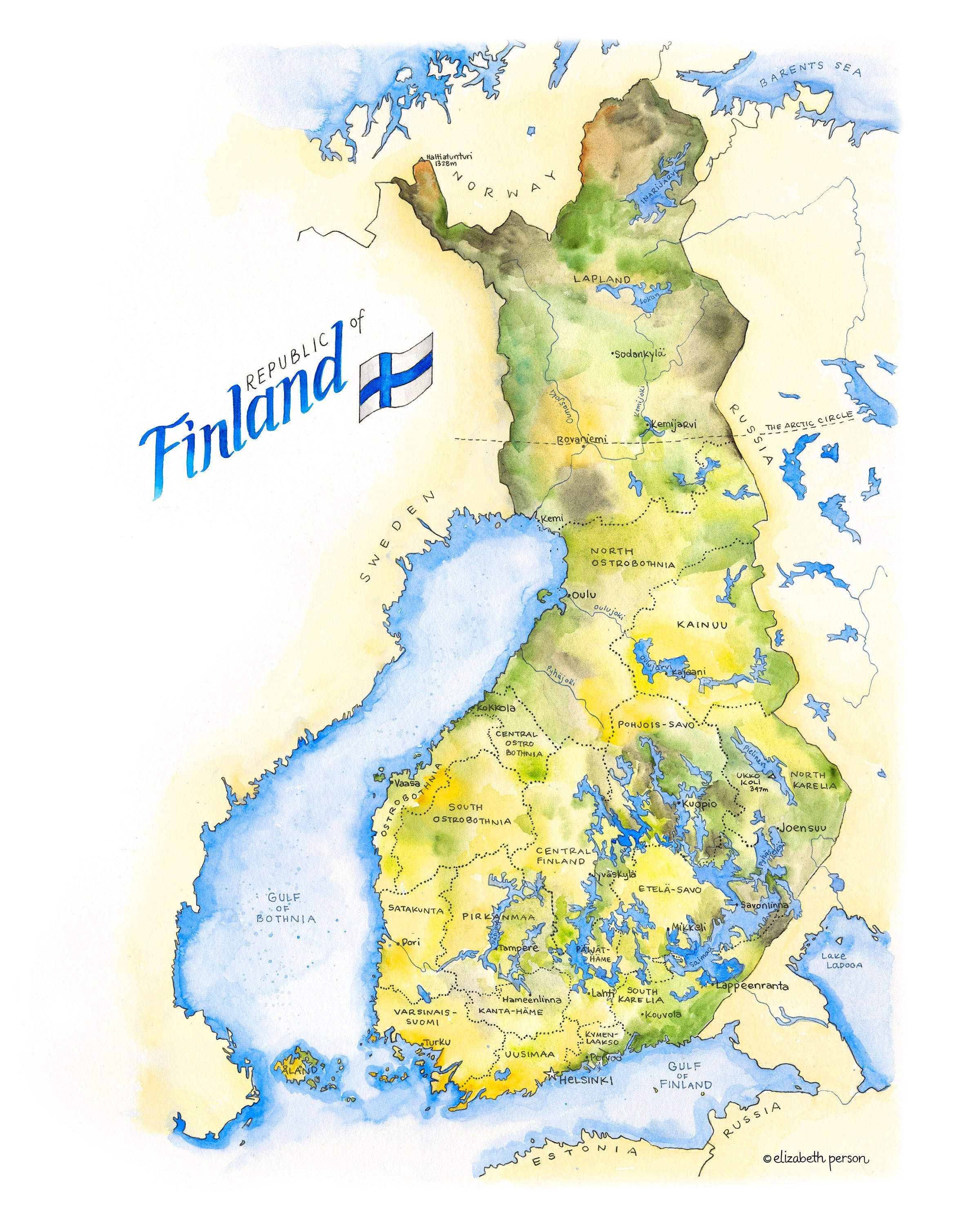 Finland Map Watercolor Illustration Nordic Map Norske Norse