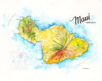 Maui Map Watercolor Illustration HI Hawaiian Islands Map Hawaii Map Art Maui Colorful City Map Wall Art Print Travel Gift