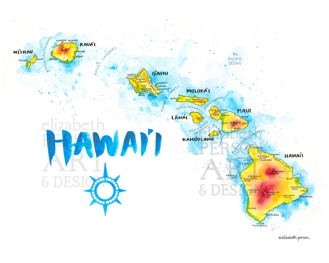 ハワイ地図 水彩イラスト HI ハワイ諸島 ハワイ地図アート