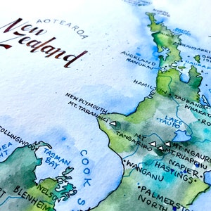 Carte de la Nouvelle-Zélande, illustration à l'aquarelle, affiche d'art mural carte d'Auckland, Nouvelle-Zélande image 2