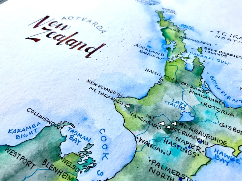 Carte de la Nouvelle-Zélande, illustration à l'aquarelle, affiche d'art mural carte d'Auckland, Nouvelle-Zélande image 2