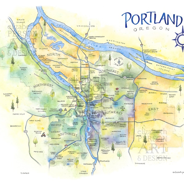 Portland Map Watercolor Illustration Portland Oregon Neighborhood Map Downtown Portland Wall Art PDX Map Print Painting