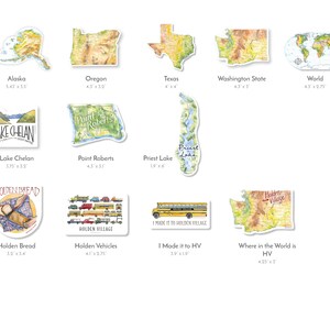 K&ouml;nnte beinhalten: Ein Set mit 10 illustrierten Aufklebern, die verschiedene Orte und Sehensw&uuml;rdigkeiten zeigen, darunter Alaska, Oregon, Texas, Washington State, die Welt, Lake Chelan, Point Roberts, Priest Lake, Holden Bread, Holden Vehicles und "I Made it to Holden Village". Die Aufkleber sind auf wei&szlig;em Papier mit gl&auml;nzender Oberfl&auml;che gedruckt.