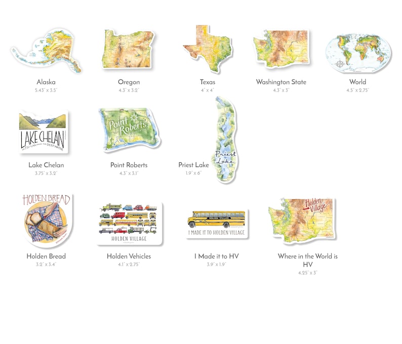 K&ouml;nnte beinhalten: Ein Set mit 10 illustrierten Aufklebern, die verschiedene Orte und Sehensw&uuml;rdigkeiten zeigen, darunter Alaska, Oregon, Texas, Washington State, die Welt, Lake Chelan, Point Roberts, Priest Lake, Holden Bread, Holden Vehicles und "I Made it to Holden Village". Die Aufkleber sind auf wei&szlig;em Papier mit gl&auml;nzender Oberfl&auml;che gedruckt.