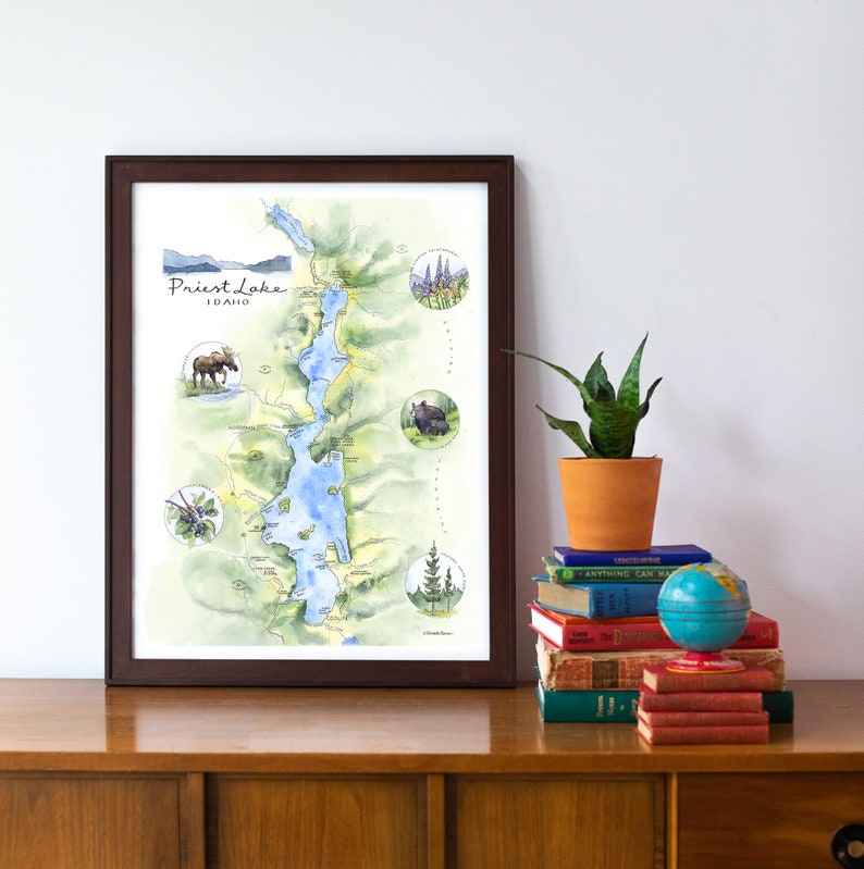 Priest Lake Idaho Map Watercolor Illustration Wall Art Print Painting ...