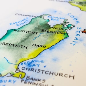 Carte de la Nouvelle-Zélande, illustration à l'aquarelle, affiche d'art mural carte d'Auckland, Nouvelle-Zélande image 5
