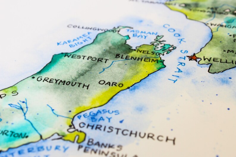 Carte de la Nouvelle-Zélande, illustration à l'aquarelle, affiche d'art mural carte d'Auckland, Nouvelle-Zélande image 5